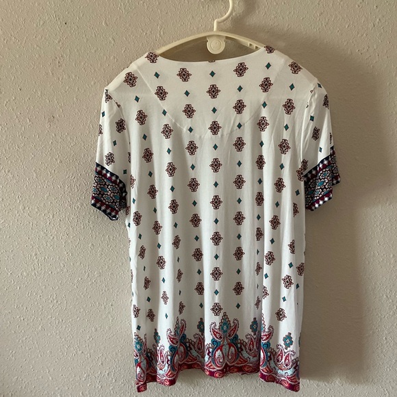 Chico's Paisley Tunic Notched Neck Short Sleeve Blouse White Sz 12 (Chico’s 2) - Picture 2 of 8